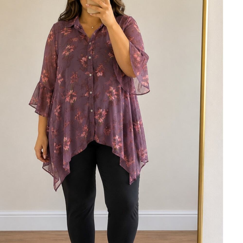 Tru Self🌿2X Purple Floral Tunic Top Sheer Chiffon Handkerchief Hem Boho Plus SZ